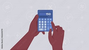 Animated bookkeeping with calculator. Managing budget in business. Financial operations. Accounting close up 4K video footage. Flat color 2D cartoon first view hands animation with grey background