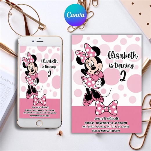 Editable Minnie Mouse Birthday Invitation, Minnie Mouse Birthday,2nd Birthday, Mouse Birthday Invite, - Etsy