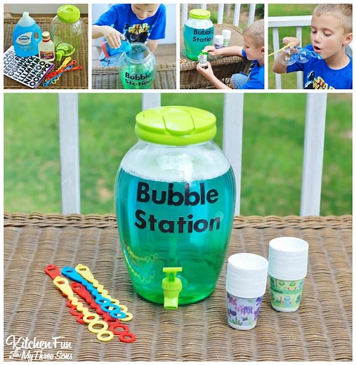 DIY BUBBLE REFILL STATION...and Homemade Bubble Recipe! This is such a fun idea for the kids to make themselves & this makes the BEST bubbles! Also a fantastic party idea!! Directions...http://kitchenfunwithmy3sons.com/2016/04/bubble-refill-station-recipe.html/ | Kitchen Fun With My 3 Sons