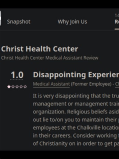 I read some reviews on the internet employee review section of indeed.com that back up my own experience as a misdiagnosed patient at The Christ Health Center, Birmingham, AL.. There is obvious endemic corruption present in the medical industry in Birmingham Alabama in my experience. State, county and city authority figures and governance does not properly regulate their offenses and crimes. Meanwhile, the doctors are making millions of dollars, do not do their jobs properly or correct / acknowl