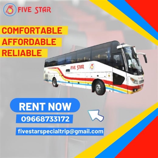 No road trip is complete without the perfect ride!🛣Choose our rent-a-bus service for a comfortable journey with your group 🚌 😊 Rent now! ☎️ For inquiries, you may contact our special trip hotline : 09668733172 or email us at fivestarspecialtrip@gmail.com | Five Star Bus Company