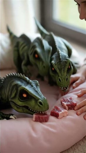 3 cute baby t-rex eating meat yummy