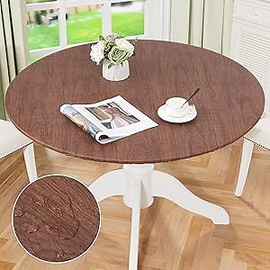 misaya Round Fitted Tablecloth with Elastic Edge, 100% Waterproof Oil Proof Plastic Table Cover, Vinyl Flannel Backed Tablecloth Fits 36"-44" Round Tables for Dinner, Outdoor, Picnic, Oak Wooden Grain
