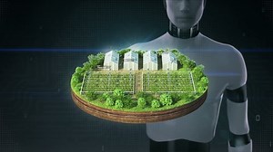 Robot, cyborg touching Smart agriculture, smart farm, sensor connect vinyl house, green house on ground. internet of things. 4th Industrial Revolution.2.