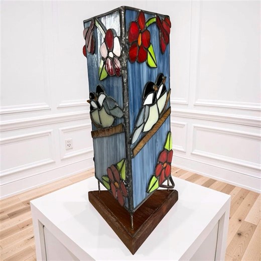 Vintage Triangular Stained Glass Table Lamp Nature Scene Bird Flower Lamp - Etsy