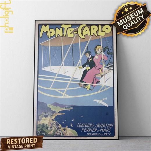 Monte-carlo Vintage Aviation Poster Matte Vertical Poster | Retro Travel Print - Etsy
