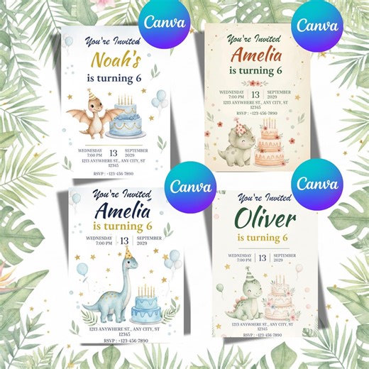 Bundle of 4 Editable Dinosaur Birthday Invitations - Canva Template - Etsy