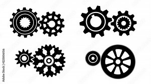 Rotating gears meshing in different sizes and shapes. Looped animation with alpha channel.