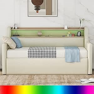 PU Upholstered Daybed with Storage Headboard, Twin Size Daybed Frame with Lift Up Hydraulic System, Lift Up Twin Day Bed Beige