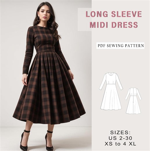 Long Sleeve Midi Dress Sewing Pattern (PDF) US XS-4XL - Etsy