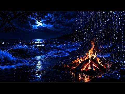 🔴Rain, Ocean Waves & Fireplace Sounds for Sleeping 24/7, Deep Sleep with Rain, Waves & Fire at Night