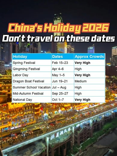 Avoid the crowds in China! Here are 2026’s holiday dates you should know! #chinatravel #travelguide #travelhacks #localguide #visitchina #chinacompasstravel