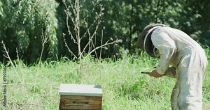 Beekeeper person, tablet or outdoor for agriculture, farming and apiculture with check, typing and app. Farmer, digital touchscreen and click for bees, notes or quality assurance for honey production