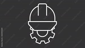 Repair service white icon animation. Animated line spinning gear and helmet. Job safety. Hardhat. Loop HD video with chroma key, alpha channel, transparent background. Outline motion graphic animation