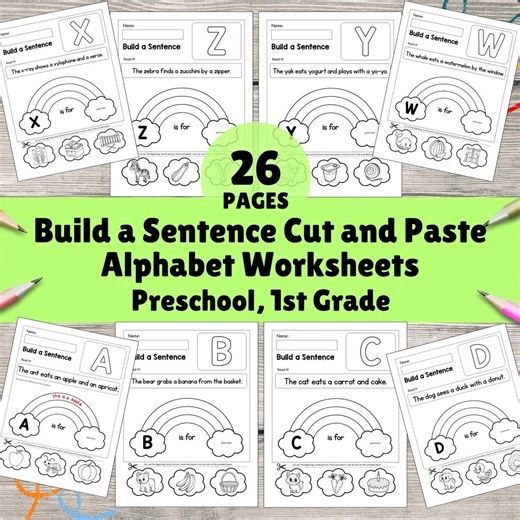 Build a Sentence Cut and Paste Activity Alphabet Worksheets Phonics Preschool, 1st Grade Printable PDF - Etsy