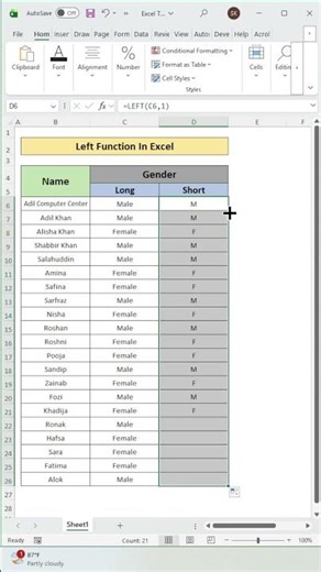 Excel LEFT Formula Trick 😱 | Male Female ko M/F me convert kare 1 second me #excel #computereducatio