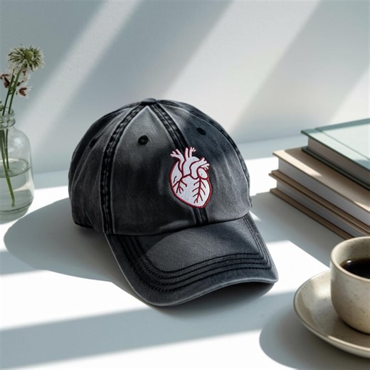 Embroidered Washed Cap With Anatomical Heart Design - Etsy