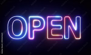 Glowing neon sign video features the word "open" in bright pink and blue against a dark background, signaling availability