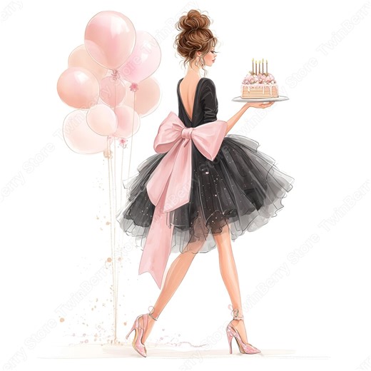 Birthday Girl JPG, 26 Watercolor Fashion Woman Clipart With Balloons and Cake - Etsy