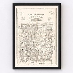 Collin County Texas Map 1881 - Old Map of Collin County Texas Art Vintage Print Framed Canvas Portrait History Genealogy Farmhouse Décor - Etsy