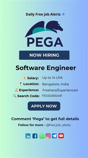 Daily Free Job Alerts on Instagram: "Associate Software Engineer Jobs – Pegasystems is Hiring 🚀 Build innovative product engineering solutions with a global software leader! 👨‍💻 Role: Associate Software Engineer – Internal Development Experience 🌍 Location: Bangalore, Karnataka, India 🎓 Qualification: Bachelor’s Degree in Engineering or related field 🕒 Experience: 1–2 Years 💸 Salary: ₹9 – ₹14 LPA (Estimated) 💬 Comment ‘Link’ for full details 📌 Save this reel for later 🔔 Follow @free.jo