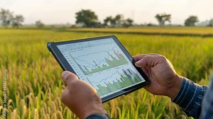Farmer Using Tablet to Monitor Crop Health in Green Rice Field with ai generated