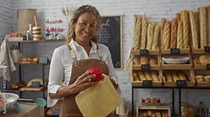 Hispanic woman in bakery cleaning with a yellow cloth surrounded by bread and pastries.