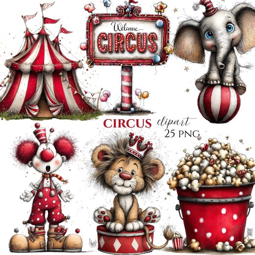 Vintage Circus Animals Clipart Bundle, Carnival Tent Clown Graphics (25 PNG) - Etsy