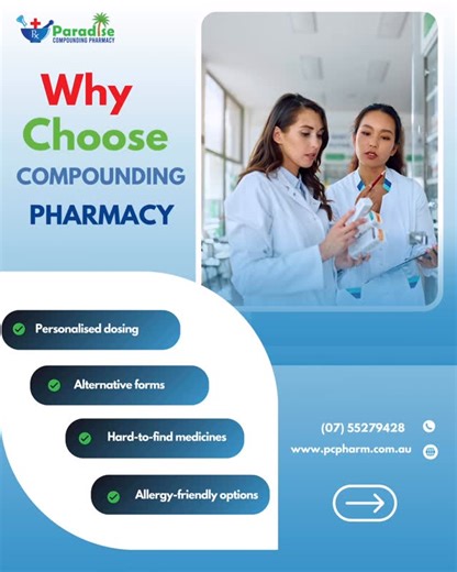Paradise Compounding Pharmacy on Instagram: "Why Choose a Compounding Pharmacy? Whether you need a different strength, flavour, dosage form, or a formula free from allergens, compounding ensures your medication works for you — not the other way around. We can remove common irritants like lactose, gluten, dyes and preservatives, making your treatment easier and safer. Compounding is ideal for patients who • Cannot tolerate certain ingredients • Need discontinued or unavailable medicines • Prefer