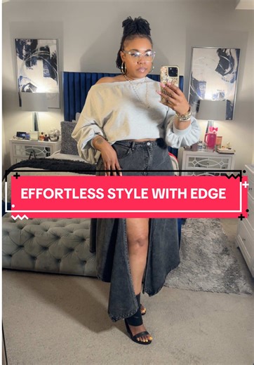 An oversized sweatshirt a slit denim skirt = the perfect balance✨ #outfitideasforyou #styleinspo #fashioncontent #shoes #skirt