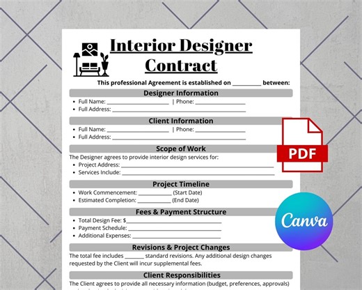 Editable Interior Designer Contract, One-page Client Agreement (canva Template) - Etsy