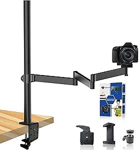 Heavy Desktop Overhead Camera Mount Rig Stand, Top Down DSLR Photography Holder with Flexible Arm and 360° Ball Head, Adjustable Height and Length for Ring Light/Video Camera/Webcam/Panel Light