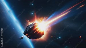 meteor slides down with a flash of fire, close up illustration of a falling meteor, seamless looping 4k time-lapse animation video background