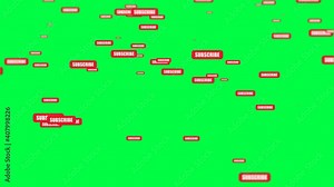 4K. Button subscribe Animation slowly falling on a green screen. Button subscribe fall on chroma key background.
