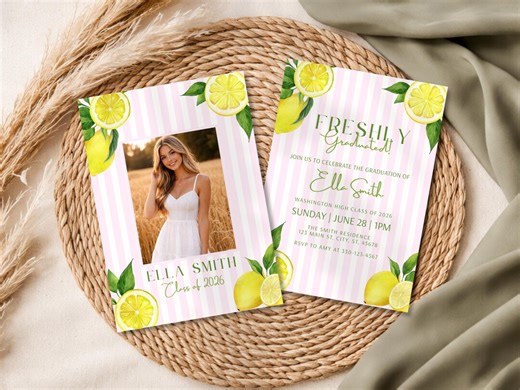 Graduation Party Invite, Pink Lemonade Theme Freshly Graduated Invitation, Class of 2026 Grad Party Decor, High School, College, Girl Grad - Etsy