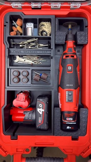 Code Breaker Labs on Instagram: "🔥 Milwaukee M12 Rotary Tool — fully sorted 🧰 This insert locks your M12 Rotary Tool, batteries 🔋, and every accessory you’ll ever need into one clean, job-ready PACKOUT setup. • 6 base compartments for batteries & larger gear • Removable tray with handle — take your go-to bits straight to the work area 🛠️ • Ergonomic slopes for easy pick-up of small bits • Lift-out tool holder reveals hidden storage underneath • Store the tool with a battery + accessory attac