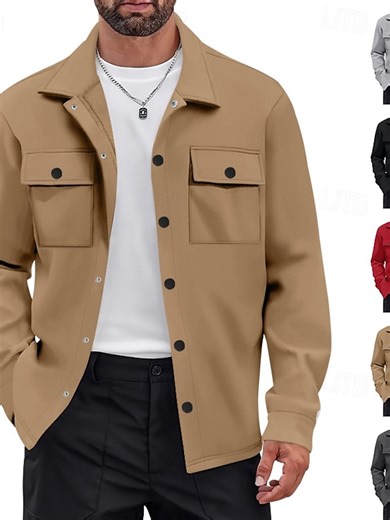 Men's Lightweight Jacket Cargo Jacket Casual Jacket Vacation Daily Warm Pocket Spring Fall Plain Fashion Classic Lapel Regular Black Red Khaki Light Grey Dark Gray Jacket 2025 - $27.99