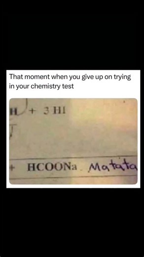 Johnny Bravo Explains Memes on Instagram: "Hey everyone, Johnny here to explain. This meme shows a student’s chemistry test where, after a chemical formula question, the student wrote “Matata” after “HCOONa,” turning the formula for sodium formate into the phrase “HCOONa Matata,” a pun on the well-known Lion King lyric “Hakuna Matata,” and the caption “That moment when you give up on trying in your chemistry test” highlights how the student humorously abandoned actually solving the problem and i
