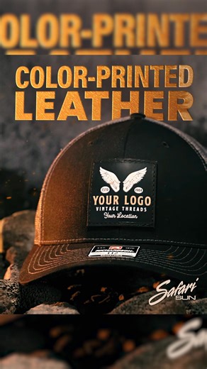 Your Logo Never Looked This Good — Custom Color-Printed Leather Patch Hats | Safari Sun Custom Apparel Put your brand front and center with vibrant, full-color patches made from top-grain leather—built to last and backed with real stitching, not heat pressing. We sew them onto premium caps from brands like Richardson, Carhartt, and Flexfit. ✔️ No Minimums ✔️ Bulk Pricing Available ✔️ Free Shipping on Orders $75 ✔️ Fast Turnaround Times ✔️ Instant Online Mockups No matter the size of your busines