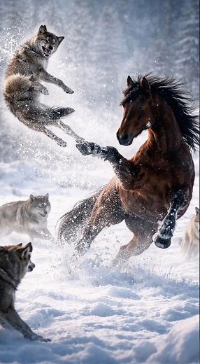 Horse Fights Back! Powerful Kick Sends Wolf Flying in Snowy Wilderness