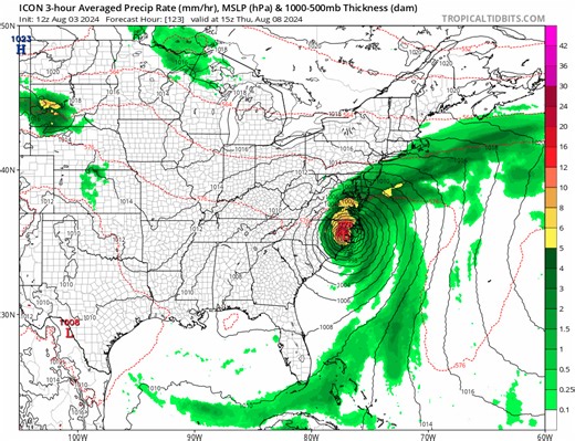 Latest computer model forecast simulation showing where Tropical Storm / Hurricane Debby could go in the coming weeks. This loop, from the ICON model, depicts simulated RADAR from Sunday morning to Friday afternoon: | Weatherboy Weather