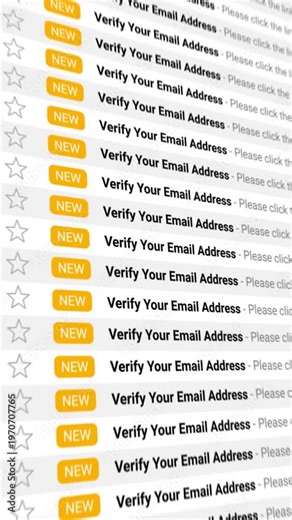 Verify Your Email Address messages appear as new notifications in a looping inbox animation. Highlights digital security, user registration, and online confirmation processes.