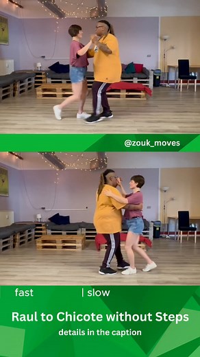 This one is a simple but cool way to hit the ‘1’ in the music: Val sends Salka back into Elastico. He grounds a bit more on the second ‘chic’ and leaves Salka’s line. Then he only leads her right foot forwards without shifting her weight onto it. At the same time we open the chest and Val changes from his left to his right hand. On ‘chic chic’ Val leads Salka to go down with the upper body, with her chest going first and the head coming delayed (’Raul’). We both bend our knees while doing that. 