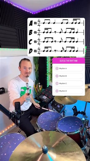 Sheldon | Drummer & Educator on Instagram: "Comment “PDF” to grab a FREE beginner rhythm theory guide! 💬🥁 Can you match this rhythm to the correct notation? Drop your answer below 👇💥 Level up your ear training, timing, and rhythm reading in just seconds! 🏆 Follow for more Rhythm Challenges! 🙏 #drumlessons #crashacademydrums #drumteacher #musictheory #musiclesson #rhythmquiz"