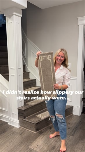 Vesna Tanasic on Instagram: "I didn’t realize how slippery our stairs actually were… until I did 😬 These non-slip stair treads were such an easy upgrade: ✔️ Peel + place ✔️ No tools. No damage. ✔️ Barefoot + kid friendly They look good and give me peace of mind every single day 🤍 💬 Comment STAIRS and I’ll send you the link! #amazonfinds #homeupgrades #stairtreads #neutralhome #homedecorinspo"