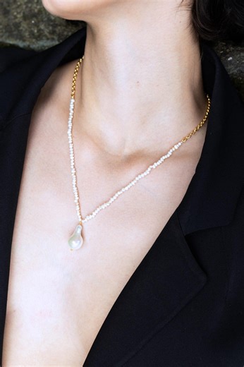 Large Baroque Pearl Pendant Necklace, Seed Pearl Strand, 18K Gold Plated Bridal Jewelry - Etsy