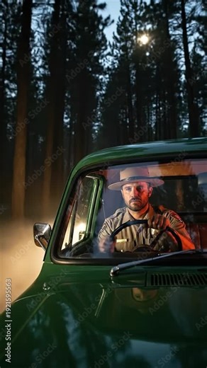 Mid-adult male forest ranger in uniform driving a vehicle during a night patrol in misty woods