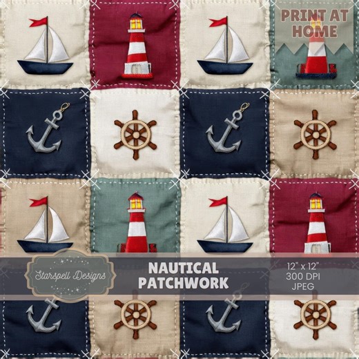 Nautical Patchwork Seamless Pattern | Coastal Quilt Digital Paper for Fabric, POD & Beach Designs - Etsy