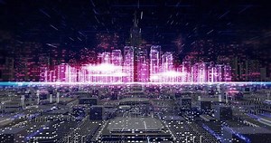 Wireless Network Communication in Futuristic AI Smart City. Fiber Optics. Technology and Business related 4K 3D animation.