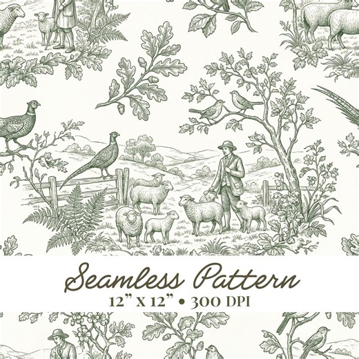 Green Toile De Jouy Seamless Pattern, Vintage Pastoral Farm, Sheep Cottagecore Fabric (digital Download) - Etsy